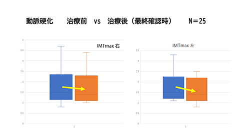 動脈硬化指標(内膜中膜肥厚度)の治療前後における改善グラフ